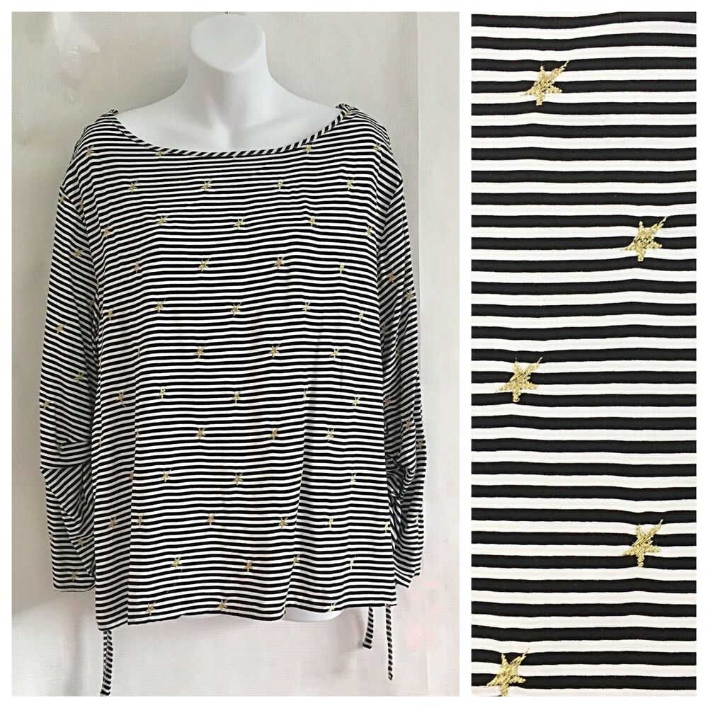 Nanette Lepore Womens Large Gold Star Black/White Striped Cinched Sleeve‎ Blouse